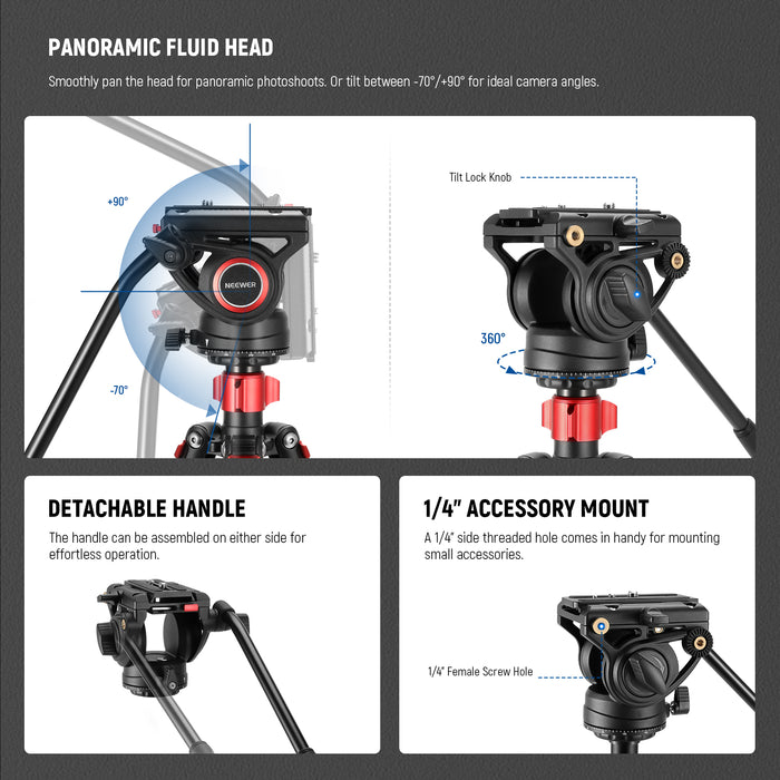 NEEWER TP72A Fluid Head Video Tripod Monopod features a premium fluid drag pan head.