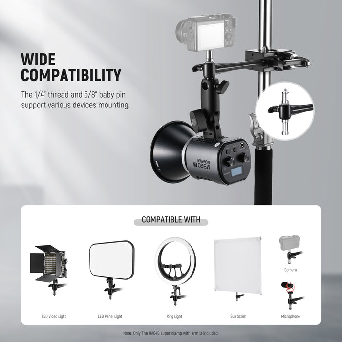 Wide Compatibility of the NEEWER UA048 Super Clamp with Extension Arm