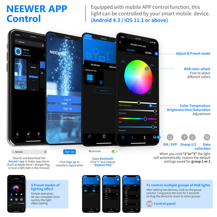 NEEWER RGB660 Pro APP Control RGB Light can be controlled by the NEEWER APP.