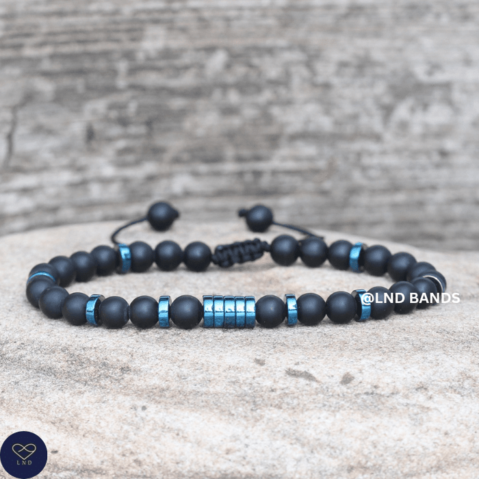 Onyx & Blue Hematite 6 mm Adjustable Bracelet Minimalist Yoga Boho Ethnic, Tibetan, gift for him - LND Bands