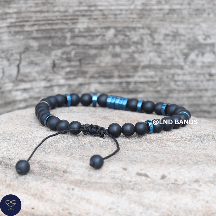 Onyx & Blue Hematite 6 mm Adjustable Bracelet Minimalist Yoga Boho Ethnic, Tibetan, gift for him - LND Bands