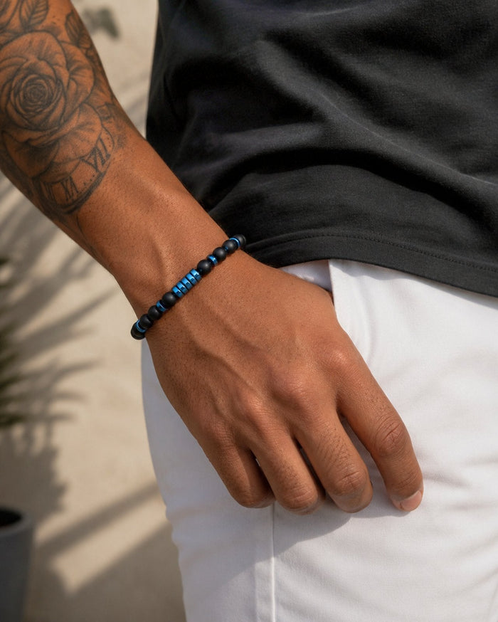 Onyx & Blue Hematite 6 mm Adjustable Bracelet Minimalist Yoga Boho Ethnic, Tibetan, gift for him - LND Bands