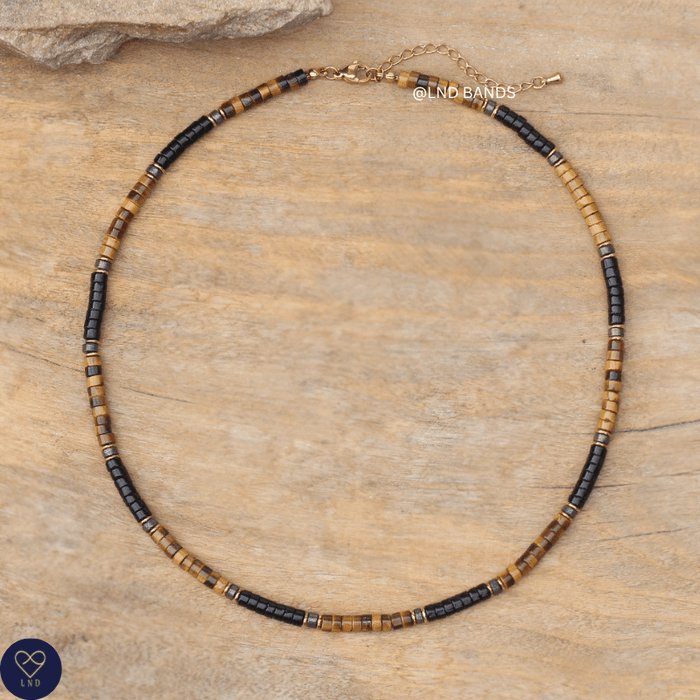 Onyx Pyrite Tiger Eye Beaded Necklace - Minimalist Gemstone Jewellery, boho, ethnic style - LND Bands