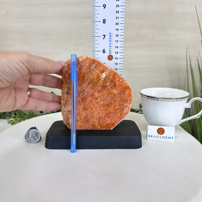 Orchid Calcite Polished Slice with Rough Edges, Wood Base 5.8" Tall #6100OC-001