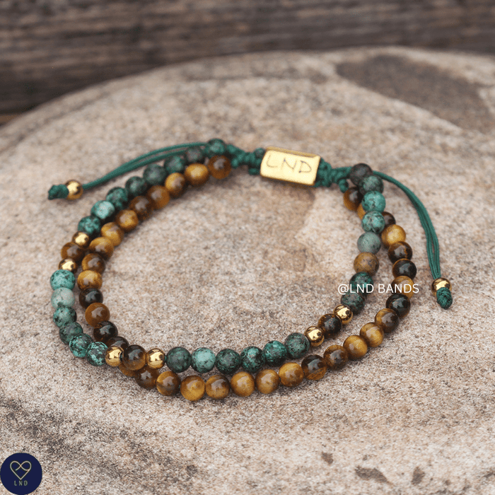 Tiger Eye African Turquoise double bracelet 4mm, Tibetan Adjustable, Yoga, Minimalist, Gift for him her - LND Bands