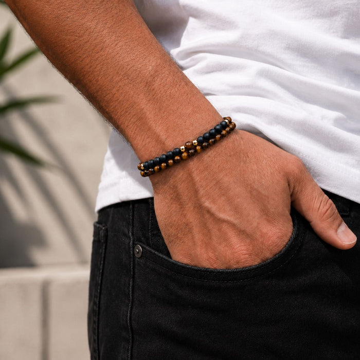 Tiger Eye Onyx double bracelet 4mm, Tibetan Adjustable Dainty, Yoga, Minimalist Bohemian, Gift for him - LND Bands