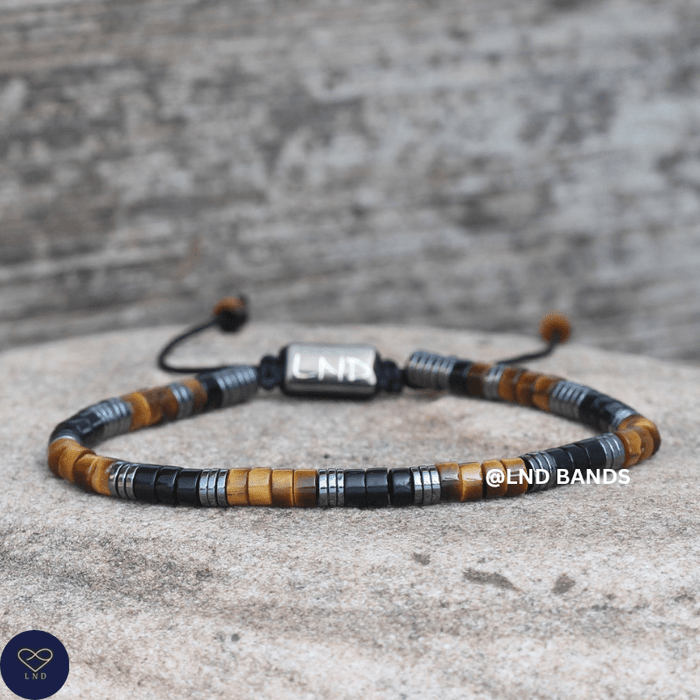 Tiger Eye Onyx & Hematite Bead Adjustable Bracelet: Yoga, Boho, Gift for him, Protection, strength - LND Bands