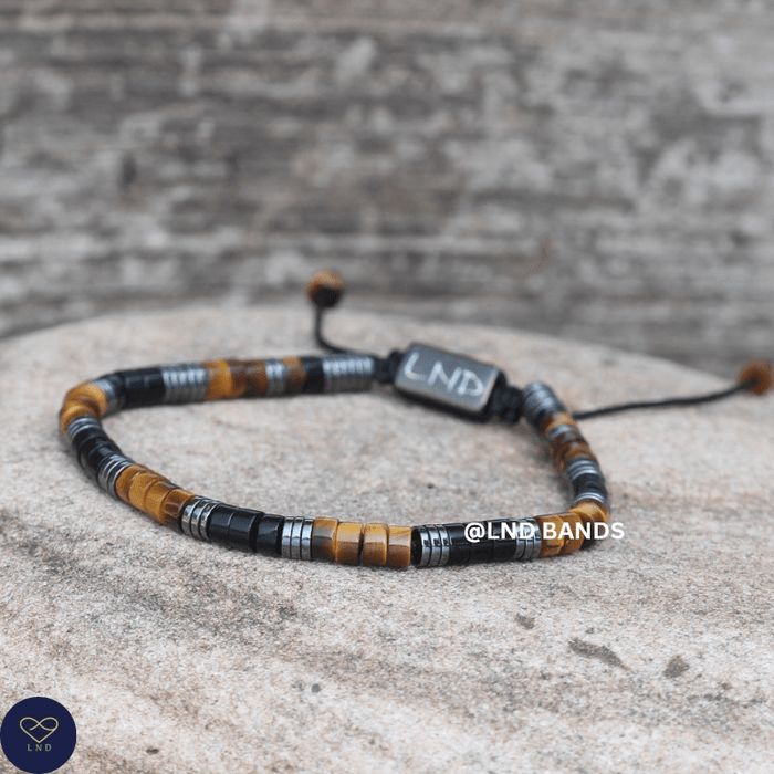 Tiger Eye Onyx & Hematite Bead Adjustable Bracelet: Yoga, Boho, Gift for him, Protection, strength - LND Bands