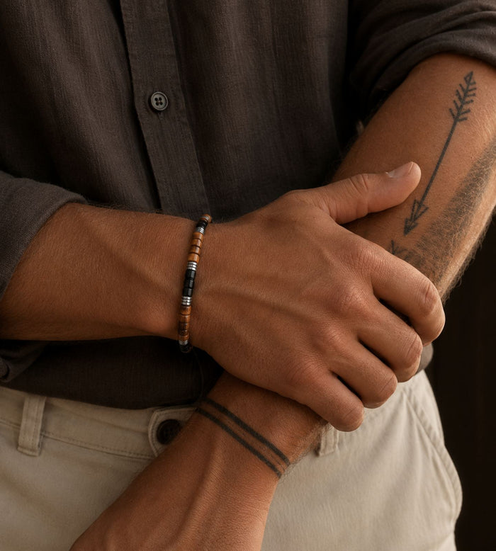 Tiger Eye Onyx & Hematite Bead Adjustable Bracelet: Yoga, Boho, Gift for him, Protection, strength - LND Bands